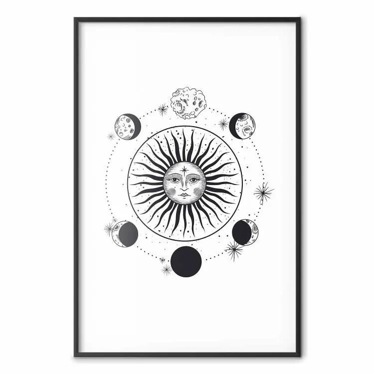 Moon Phases - black and white composition with the sun with a human face