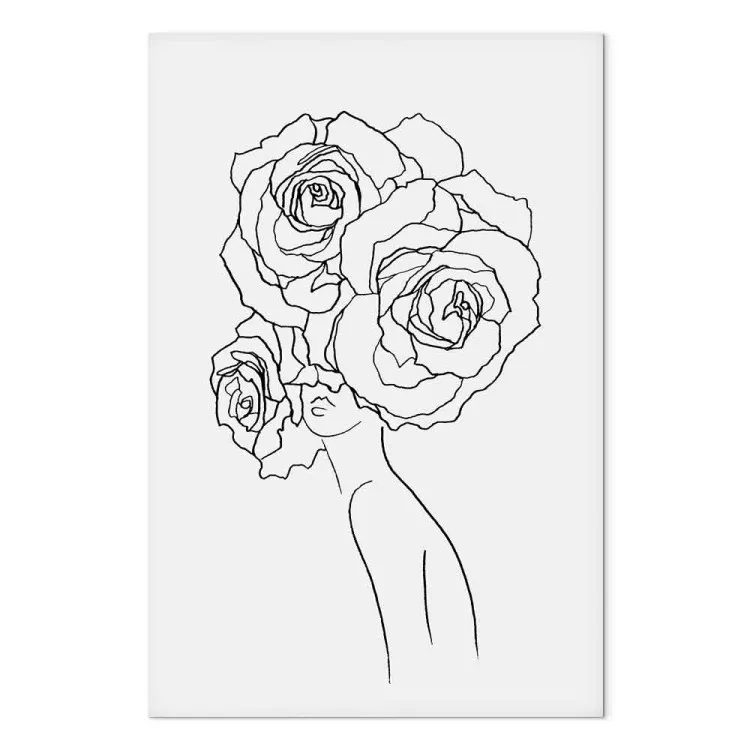 On the head roses - black-white, linear graphic with woman silhouette