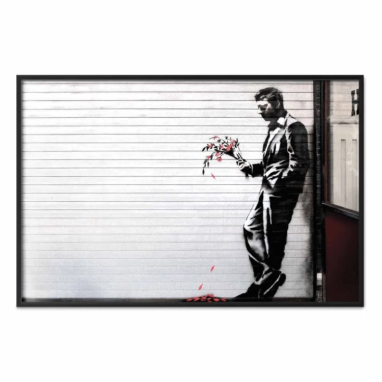 In Love - man with flowers against a white gate in Banksy style