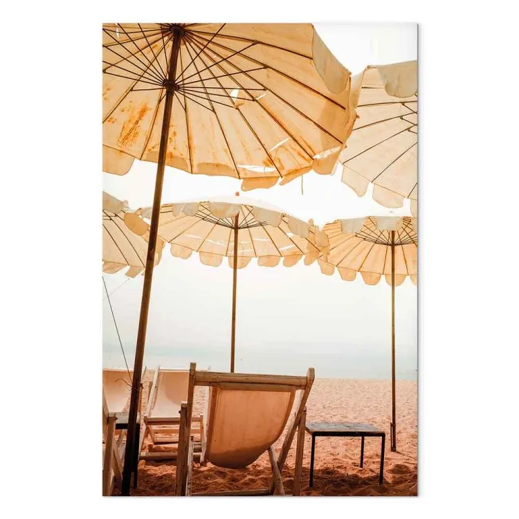 Beach umbrellas - Landscape with sand, sun loungers and Mediterranean