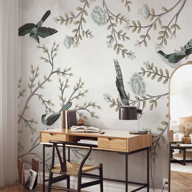 Birds in the garden - minimalist tree landscape with leaves and flowers