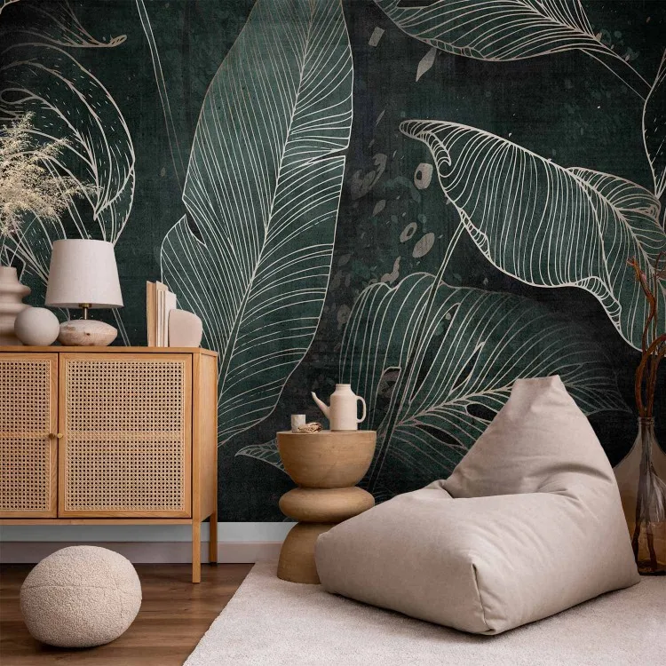 In a maze of leaves - dark landscape of tropical leaves in lineart style