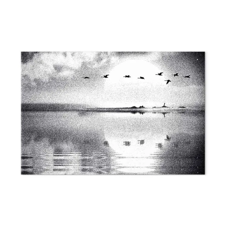 Flight of Birds over the Lake (1-piece) Wide - black and white landscape