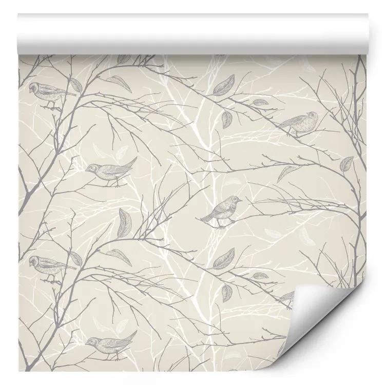 Forest Pattern - Gray Birds on Twigs on a Beige Background