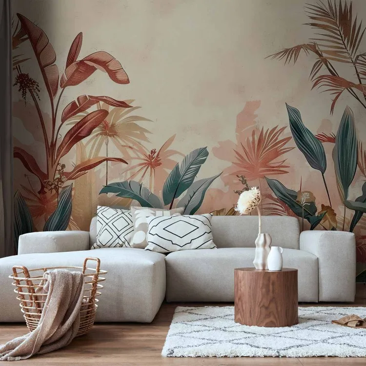 Tropical leaves - plants on a terracotta-coloured background