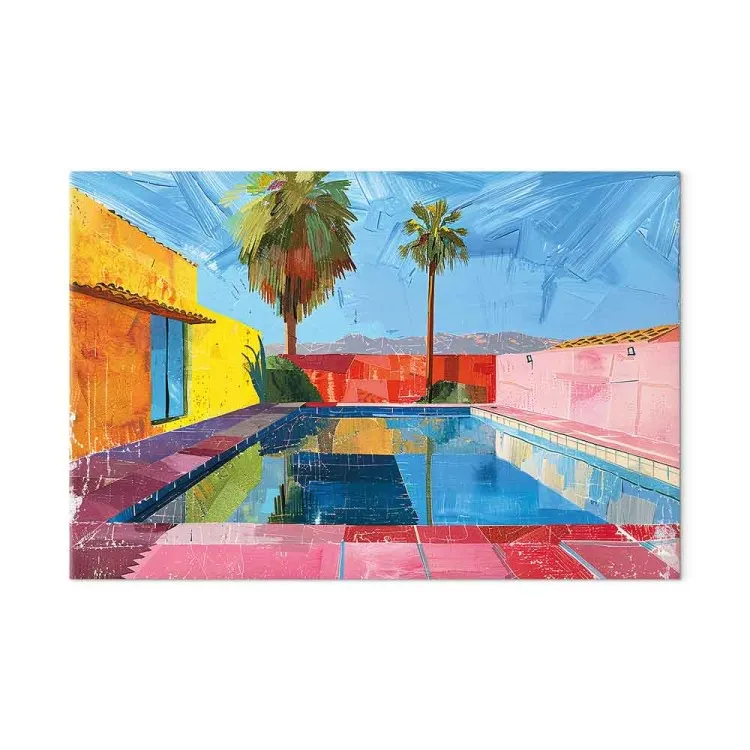 Colourful pool: tropical palm trees and colourful walls