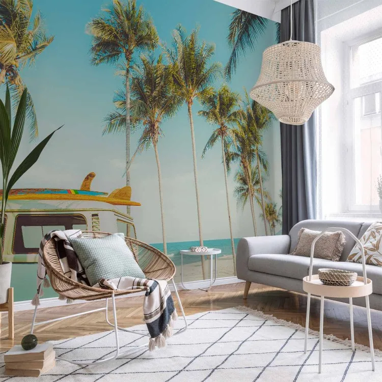 Surfing bus - van, surfboards, tropical beach, palm trees