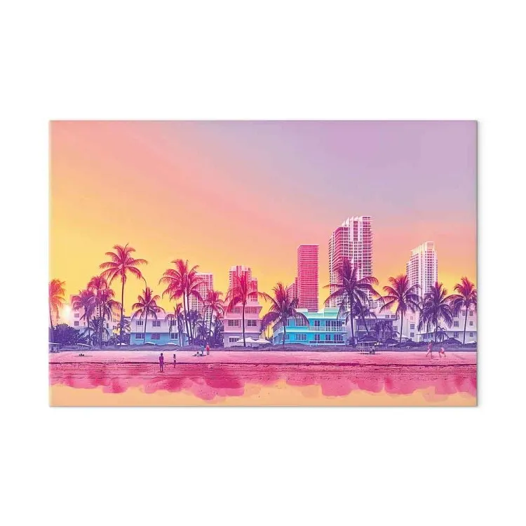 Neon beach - colourful buildings and palm trees at sunset