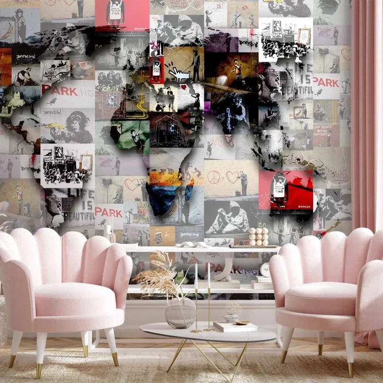 Street art and Banksy - map of the world in the form of a collage composed of murals