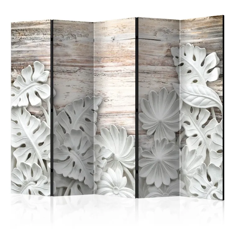 Alabaster Grove II - white stone flowers on wooden texture